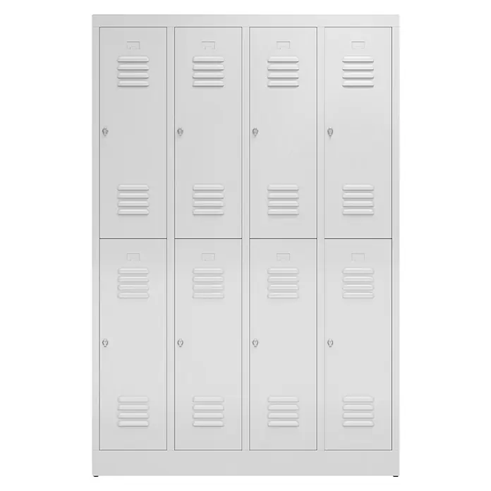 Lüllmann ClassiX Spind - H x B x T: 180 x 118,5 x 50 cm, Lichtgrau, Fertig montiert, Anzahl Fächer: 8 Stk. - Ein Schrank mit acht weißen Spinden in einer typischen Anordnung, ideal für Schulen oder Umkleideräume.