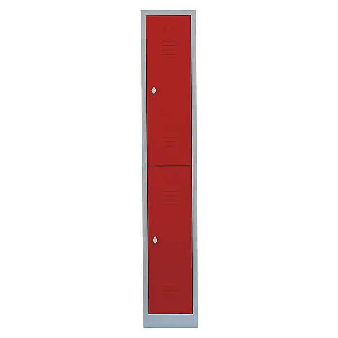 Lüllmann Spind - H x B x T: 180 x 31,5 x 50 cm, Lichtgrau/Feuerrot, Fertig montiert, Anzahl Fächer: 2 Stk. - Roter Metallspind mit zwei Türen und silbernem Rahmen. Praktische Aufbewahrungslösung für Schulen oder Umkleideräume.