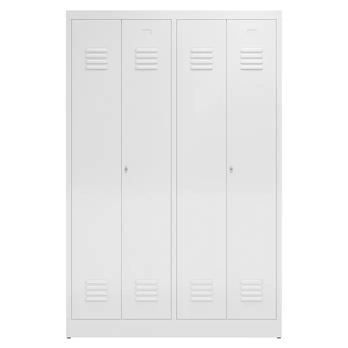 Lüllmann ClassiX Doppelspind - H x B x T: 180 x 118,5 x 50 cm, Signalweiß, Fertig montiert, Anzahl Fächer: 4 Stk. - Metallschrank in Weiß mit vier Türen und Lüftungsschlitzen. Der Schrank ist ideal für Büros oder Schulen zur Aufbewahrung.