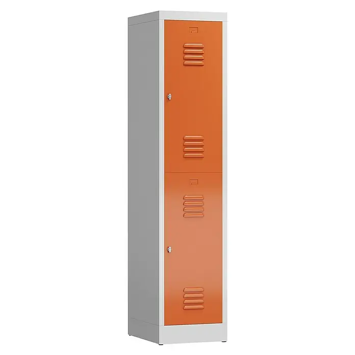 Lüllmann ClassiX Spind - H x B x T: 180 x 41,5 x 50 cm, Lichtgrau/Feuerrot, Fertig montiert, Anzahl Fächer: 2 Stk. - Abbildung eines zweitürigen, orangefarbenen Metallschranks mit grauen Seitenwänden, ideal für die Aufbewahrung von persönlichen Gegenständen.