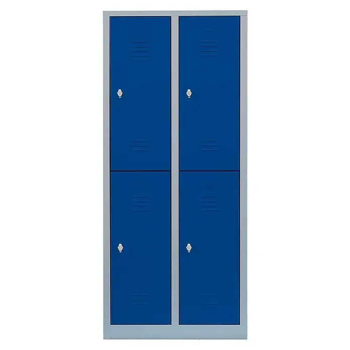 Lüllmann Spind - H x B x T: 180 x 80 x 50 cm, Lichtgrau/Enzianblau, Fertig montiert, Anzahl Fächer: 4 Stk. - Schrank: Ein blauer Metallschrank mit vier Fächern und Lüftungsschlitzen, ideal für Umkleideräume oder Lagerbereiche.
