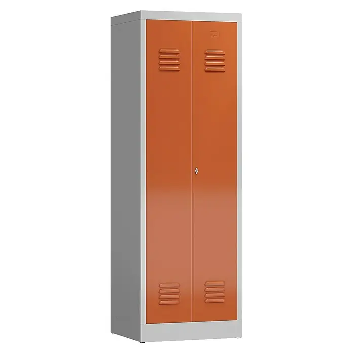 Lüllmann ClassiX Doppelspind - H x B x T: 180 x 60 x 50 cm, Lichtgrau/Feuerrot, Fertig montiert, Anzahl Fächer: 2 Stk. - Ein orangefarbener Metallspind mit zwei Türen, Lüftungsschlitzen und einem Schloss, ideal für Schulen oder Umkleideräume.