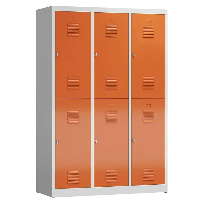 Lüllmann ClassiX Spind - H x B x T: 180 x 118,5 x 50 cm, Lichtgrau/Feuerrot, Fertig montiert, Anzahl Fächer: 6 Stk. - Abbildung eines orangefarbenen Spindschranks mit sechs Fächern, ideal für Schulen oder Umkleideräume. Robuste und langlebige Konstruktion.