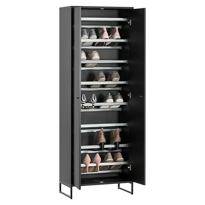 Schildmeyer Janne Schuhschrank - L x B x H: 33 x 60,2 x 169,7 cm, Schwarz - Ein offener Schuhschrank mit mehreren Regalen, die verschiedene Schuhe und Stiefel in einem modernen Design präsentieren.