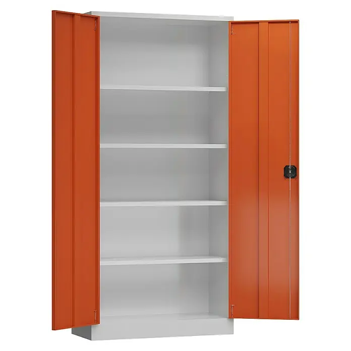 Lüllmann ClassiX Metall-Mehrzweckschrank - H x B x T: 194,5 x 92 x 50 cm, Lichtgrau/Feuerrot, Fertig montiert, Anzahl Böden: 4 Stk. - Aufnahme eines offenen Büroschranks mit orangen Türen und weißen Einlegeböden, der viel Stauraum bietet.