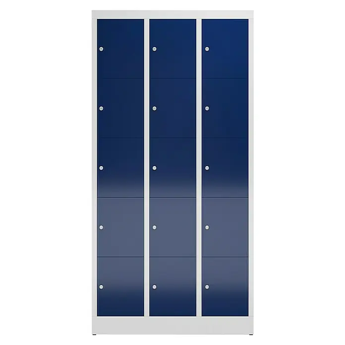 Lüllmann ClassiX Schließfachschrank - H x B x T: 180 x 87 x 50 cm, Lichtgrau/Enzianblau, Fertig montiert, Anzahl Fächer: 15 Stk. - Dreispaltiger, marineblauer Spind mit weißem Rahmen. Ideal zur sicheren Aufbewahrung von persönlichen Gegenständen in Schulen oder Sporteinrichtungen.