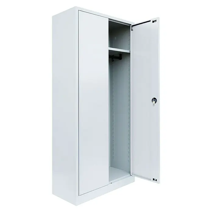 Lüllmann Metall-Mehrzweckschrank - H x B x T: 180 x 80 x 38,3 cm, Signalweiß, Fertig montiert, Anzahl Böden: 3 Stk. - Ein geräumiger, offener weißer Metallschrank mit einer Stange und einem Regal, ideal für die Organisation von Kleidung und Lagerung.