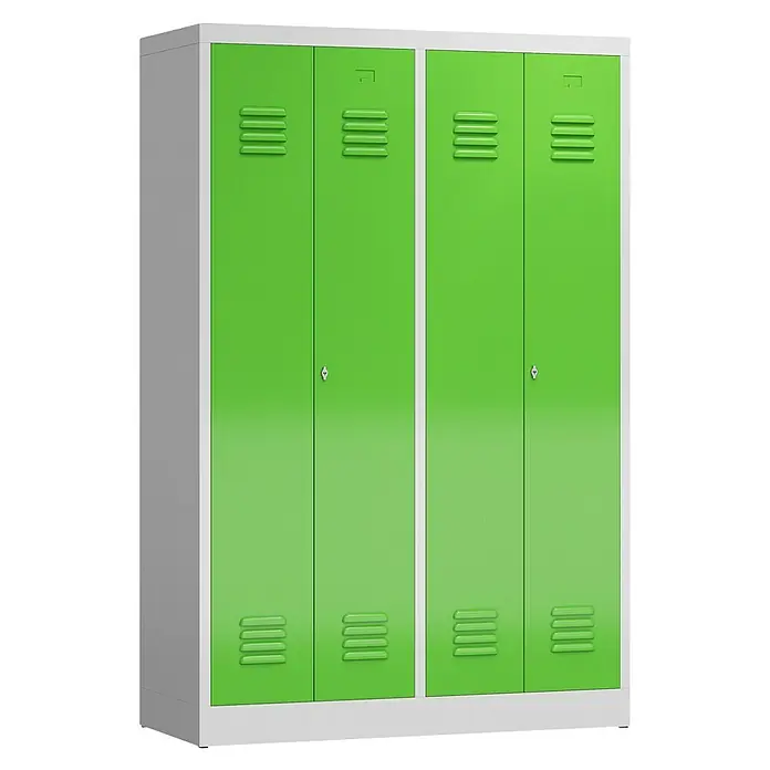 Lüllmann ClassiX Doppelspind - H x B x T: 180 x 118,5 x 50 cm, Lichtgrau/Gelbgrün, Fertig montiert, Anzahl Fächer: 4 Stk. - Schrank aus Metall in Grün und Weiß, ausgestattet mit vier Türen und Belüftungsschlitzen. Ideal für Umkleideräume oder Schulen.
