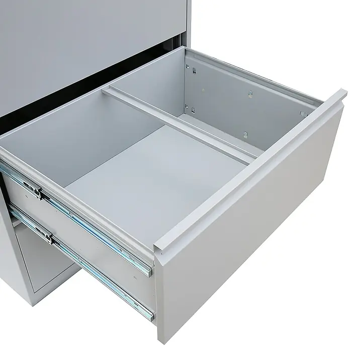 Lüllmann Hängeregisterschrank - H x B x T: 101,2 x 76 x 62 cm, Tiefschwarz, Fertig montiert, Anzahl Schubladen: 3 Stk. - Ein offener, grauer Metallschrank mit Schublade, der viel Stauraum bietet. Die Schublade ist mit Schienen ausgestattet.