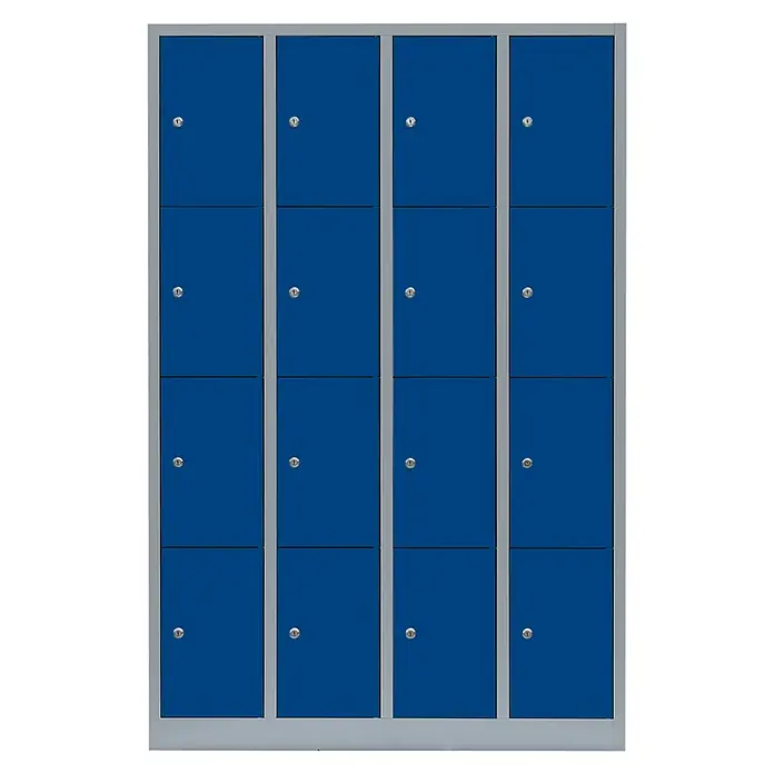 Lüllmann Schließfachschrank - H x B x T: 180 x 117 x 50 cm, Lichtgrau/Enzianblau, Fertig montiert, Anzahl Fächer: 16 Stk. - Eine blaue Schließfachanlage mit mehreren Fächern und silbernen Rahmen, ideal zur Aufbewahrung in Schulen oder Sporteinrichtungen.