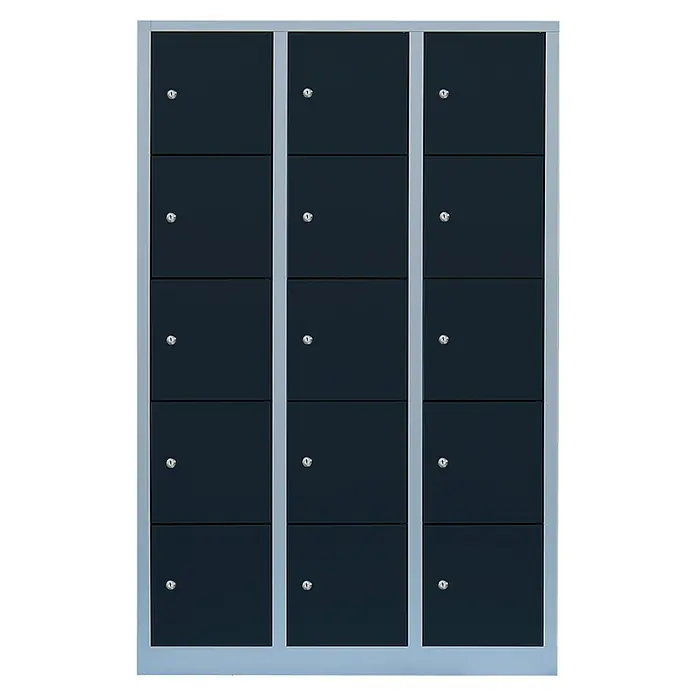 Lüllmann Schließfachschrank - H x B x T: 180 x 118,5 x 50 cm, Lichtgrau/Anthrazit, Fertig montiert, Anzahl Fächer: 15 Stk. - Bild eines Schranks mit mehreren abschließbaren Fächern, ideal zur sicheren Aufbewahrung persönlicher Gegenstände in öffentlichen Räumen.