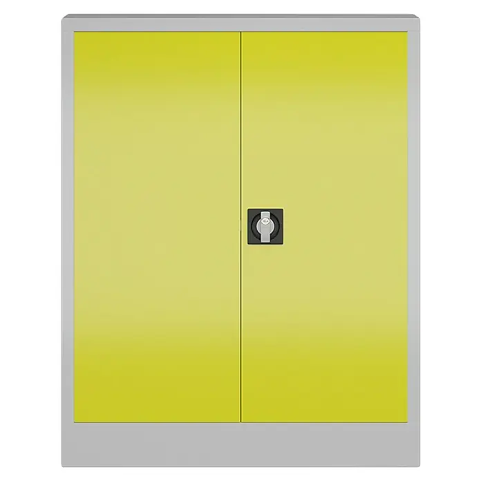 Lüllmann ClassiX Metall-Mehrzweckschrank - H x B x T: 100 x 80 x 38 cm, Lichtgrau/Zinkgelb, Fertig montiert, Anzahl Böden: 2 Stk. - Gelber Metallschrank mit zwei Türen und silbernem Rahmen. Ideal für Werkstatt oder Büro.