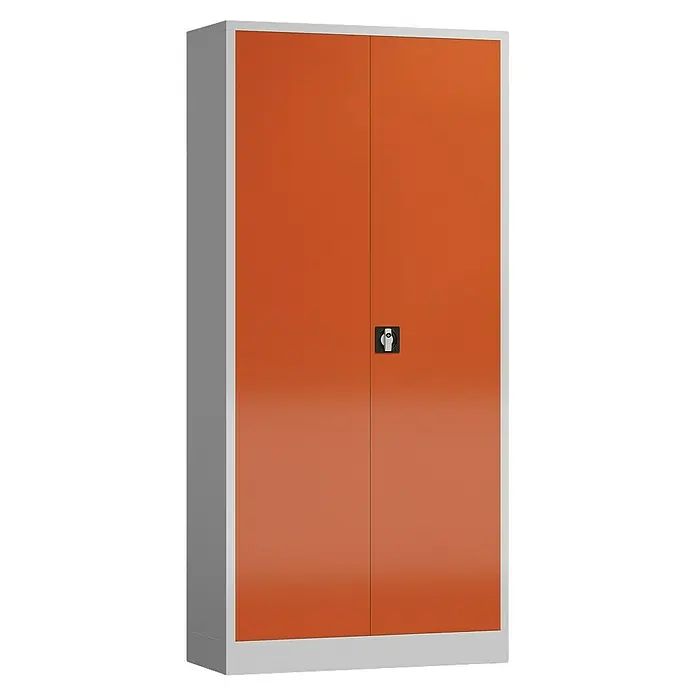 Lüllmann ClassiX Metall-Mehrzweckschrank - H x B x T: 194,5 x 92 x 50 cm, Lichtgrau/Feuerrot, Fertig montiert, Anzahl Böden: 4 Stk. - Oranger Metallschrank mit zwei Türen und einem schwarzen Schloss in der Mitte. Ideal für Büro oder Werkstatt.