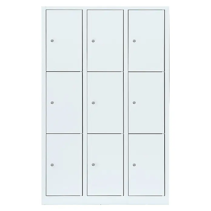 Lüllmann Schließfachschrank - H x B x T: 180 x 118,5 x 50 cm, Signalweiß, Fertig montiert, Anzahl Fächer: 9 Stk. - Weiße Metallschließfächer mit neun Fächern und Schlössern. Robust und ideal zur sicheren Aufbewahrung von persönlichen Gegenständen.