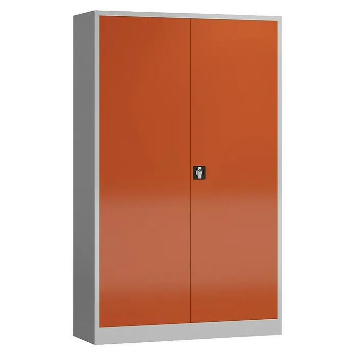Lüllmann ClassiX Metall-Mehrzweckschrank - H x B x T: 194,5 x 120 x 42 cm, Lichtgrau/Feuerrot, Fertig montiert, Anzahl Böden: 4 Stk. - Ein orangefarbener Stahlschrank mit zwei Türen und einem silbernen Rahmen. Praktische Aufbewahrungslösung für Büro oder Werkstatt.
