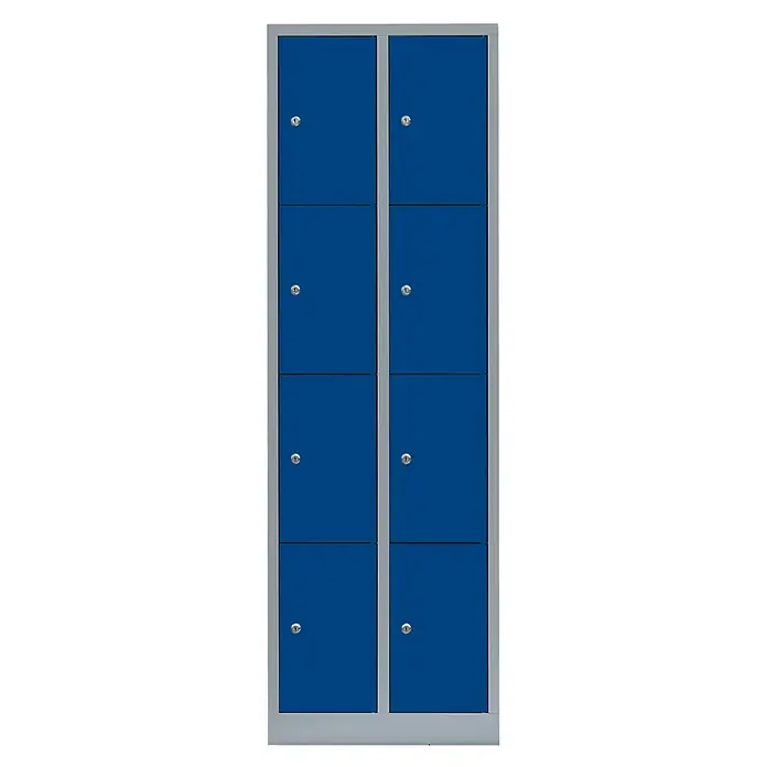 Lüllmann Schließfachschrank - H x B x T: 180 x 60 x 50 cm, Lichtgrau/Enzianblau, Fertig montiert, Anzahl Fächer: 8 Stk. - Blauer Spindschrank mit vier abschließbaren Fächern und silberfarbenem Rahmen, ideal zur sicheren Aufbewahrung persönlicher Gegenstände.