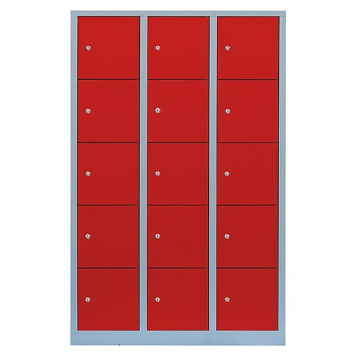 Lüllmann Schließfachschrank - H x B x T: 180 x 118,5 x 50 cm, Lichtgrau/Feuerrot, Fertig montiert, Anzahl Fächer: 15 Stk. - Rote Schließfächer mit silbernem Rahmen bieten sichere Aufbewahrung in einer organisierten Struktur.