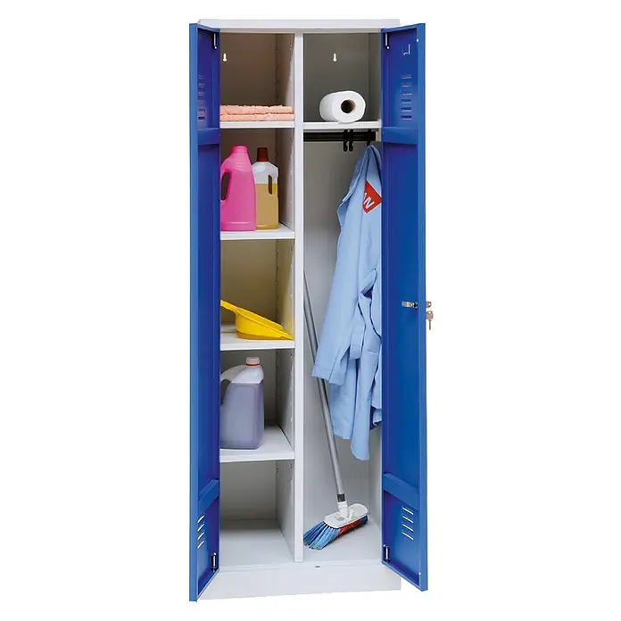 Lüllmann Metall-Mehrzweckschrank - H x B x T: 180 x 60 x 50 cm, Lichtgrau/Enzianblau, Fertig montiert, Anzahl Böden: 4 Stk. - Ein blauer Reinigungsschrankschrank mit Reinigungsmitteln, Handtüchern und Reinigungsmaterialien ordentlich aufbewahrt.