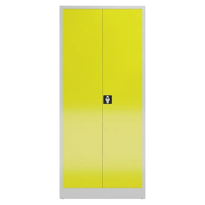 Lüllmann ClassiX Metall-Mehrzweckschrank - H x B x T: 180 x 80 x 38 cm, Lichtgrau/Zinkgelb, Fertig montiert, Anzahl Böden: 4 Stk. - Gelber Metallschrank mit zwei Türen und einem Griff in der Mitte, ideal für Büro oder Werkstatt. Robuste Konstruktion für eine lange Lebensdauer.