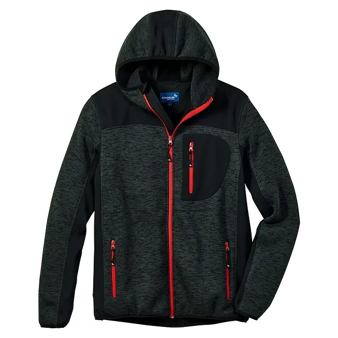 Scheibler Strickjacke - M, Anthrazit/Schwarz - Kapuzenjacke von Scheibler mit roten Reißverschlüssen, ideal für Outdoor-Aktivitäten.
