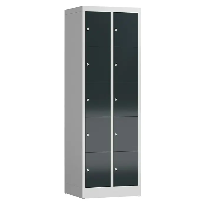 Lüllmann ClassiX Schließfachschrank - H x B x T: 180 x 59 x 50 cm, Lichtgrau/Anthrazit, Fertig montiert, Anzahl Fächer: 10 Stk. - Ein hoher grauer Spindschrank mit acht schwarzen Türen, ideal für Büro oder Umkleideraum, mit schlankem Design und robuster Bauweise.