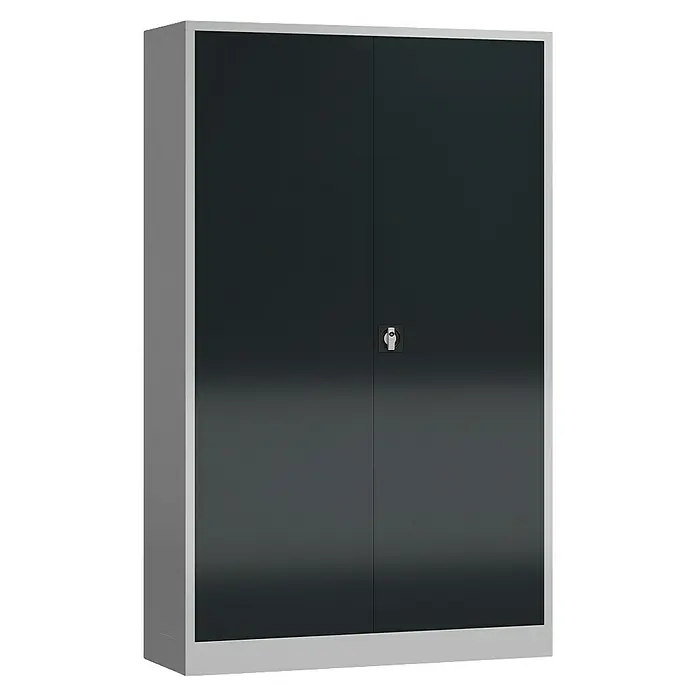 Lüllmann ClassiX Metall-Mehrzweckschrank - H x B x T: 194,5 x 120 x 60 cm, Lichtgrau/Anthrazit, Fertig montiert, Anzahl Böden: 4 Stk. - Ein grauer Flügeltürenschrank mit einem silbernen Schloss in der Mitte, ideal für Büro oder Werkstatt.