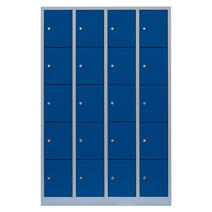 Lüllmann Schließfachschrank - H x B x T: 180 x 117 x 50 cm, Lichtgrau/Enzianblau, Fertig montiert, Anzahl Fächer: 20 Stk. - Die Aufnahme zeigt einen blauen Spindschrank mit mehreren Fächern und silbernen Türgriffen in einem modernen Design.