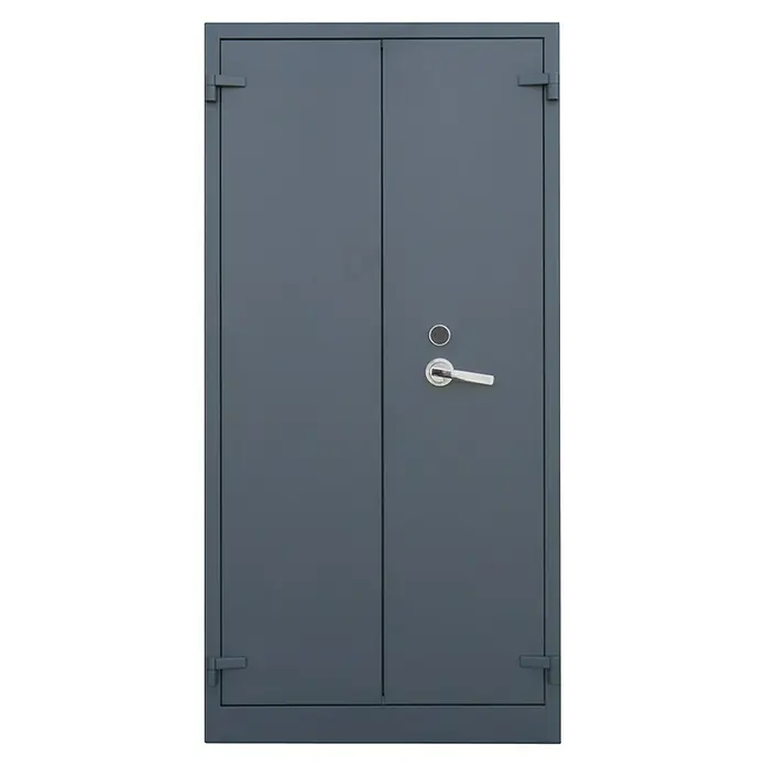 Lüllmann Metall-Mehrzweckschrank Feuergeschützt - H x B x T: 195 x 95 x 55 cm, Anthrazit, Fertig montiert, Anzahl Böden: 4 Stk. - Graue Doppeltür mit Metallbeschlägen, ideal für robuste Sicherheitslösungen und moderne Innenarchitektur.