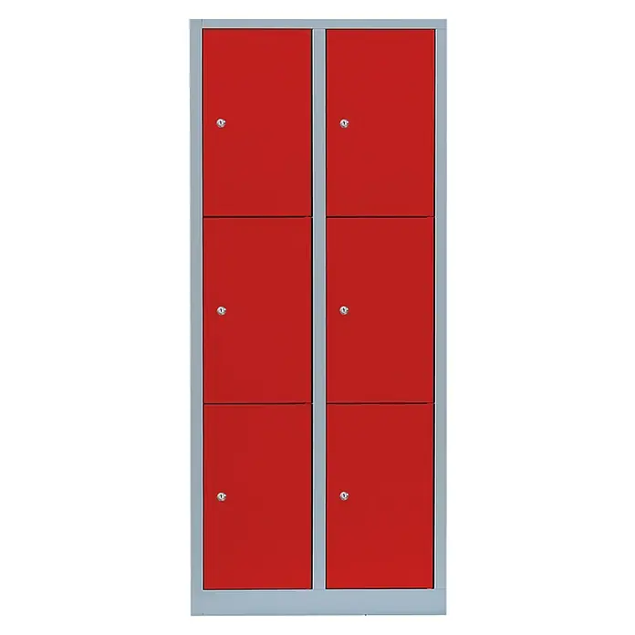 Lüllmann Schließfachschrank - H x B x T: 180 x 80 x 50 cm, Lichtgrau/Feuerrot, Fertig montiert, Anzahl Fächer: 6 Stk. - Ein hoher, roter Spindschrank mit sechs Fächern, ideal für die Aufbewahrung von persönlichen Gegenständen und Wertsachen.
