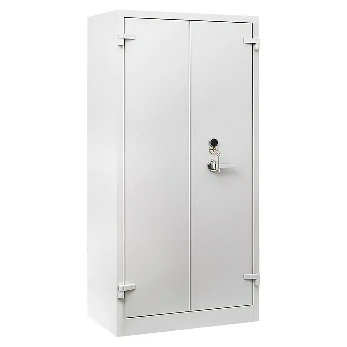 Lüllmann Metall-Mehrzweckschrank Feuergeschützt - H x B x T: 195 x 95 x 55 cm, Lichtgrau, Fertig montiert, Anzahl Böden: 4 Stk. - Ein stabiler, weißer Safe mit Schlüsselschloss und Griff. Der Tresor bietet sicheren Stauraum für Wertsachen und wichtige Dokumente.