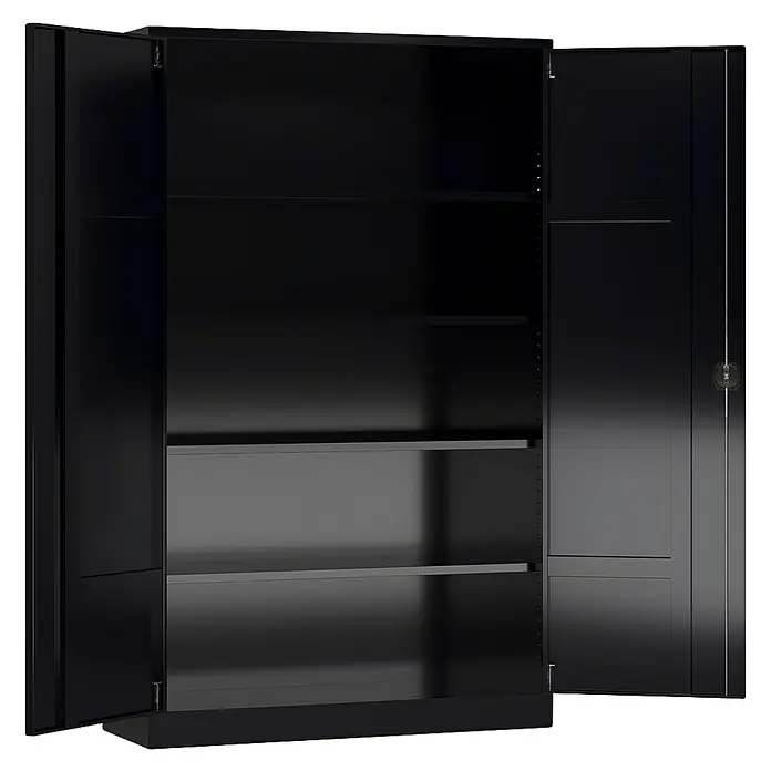 Lüllmann ClassiX Metall-Mehrzweckschrank - H x B x T: 194,5 x 120 x 42 cm, Tiefschwarz, Fertig montiert, Anzahl Böden: 4 Stk. - Offener schwarzer Schrank mit mehreren Einlegeböden, ideal für die Aufbewahrung von Gegenständen.