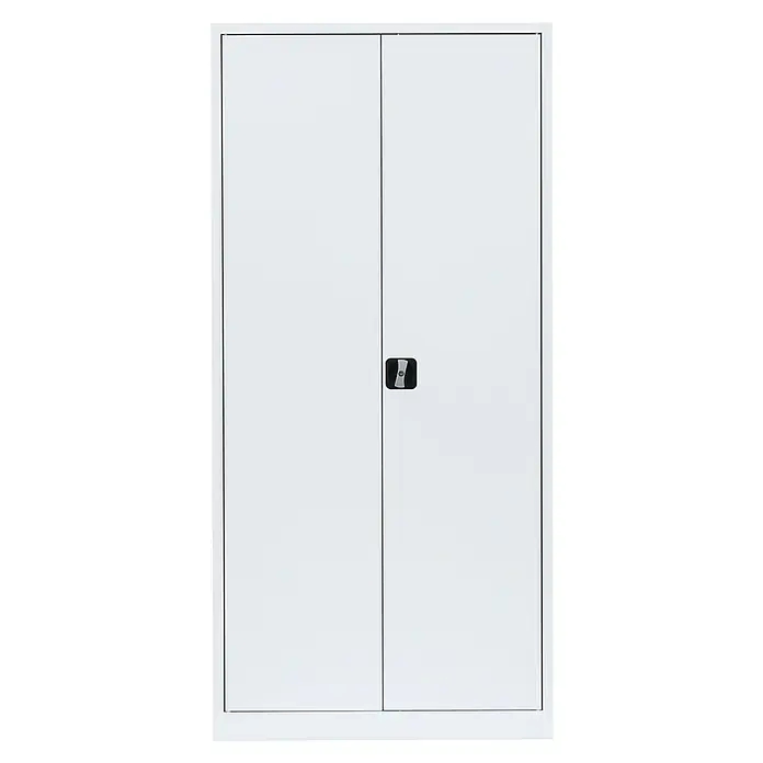 Lüllmann Metall-Mehrzweckschrank - H x B x T: 195 x 92,5 x 50 cm, Signalweiß, Fertig montiert, Anzahl Böden: 4 Stk. - Eine Nahaufnahme eines weißen Büroschranks mit zwei Türen und einem schwarzen Griff in der Mitte, ideal für die Büroaufbewahrung.