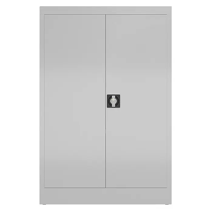 Lüllmann ClassiX Metall-Mehrzweckschrank - H x B x T: 120 x 80 x 38 cm, Lichtgrau, Fertig montiert, Anzahl Böden: 2 Stk. - Grauer Metallschrank mit zwei Türen und einem Drehverschluss in der Mitte für Büro oder Werkstatt.
