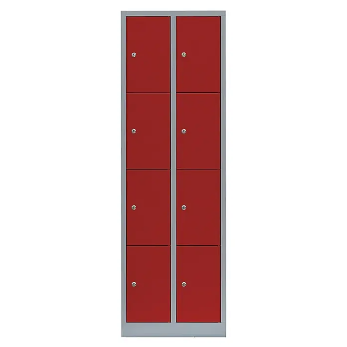 Lüllmann Schließfachschrank - H x B x T: 180 x 60 x 50 cm, Lichtgrau/Feuerrot, Fertig montiert, Anzahl Fächer: 8 Stk. - Ein zweispaltiger Spindschrank in Rot mit vier Fächern übereinander und silbernem Rahmen, der zusätzlichen Stauraum bietet.