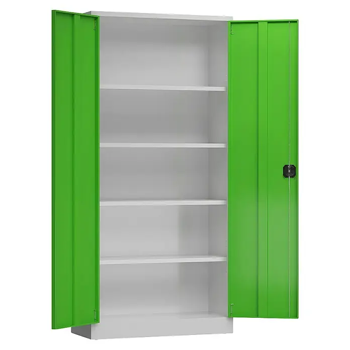 Lüllmann ClassiX Metall-Mehrzweckschrank - H x B x T: 194,5 x 92 x 60 cm, Lichtgrau/Gelbgrün, Fertig montiert, Anzahl Böden: 4 Stk. - Ein offener, zweitüriger Stahlschrank mit grünen Türen und weißen Einlegeböden bietet viel Stauraum. Ideal für Büro oder Werkstatt.