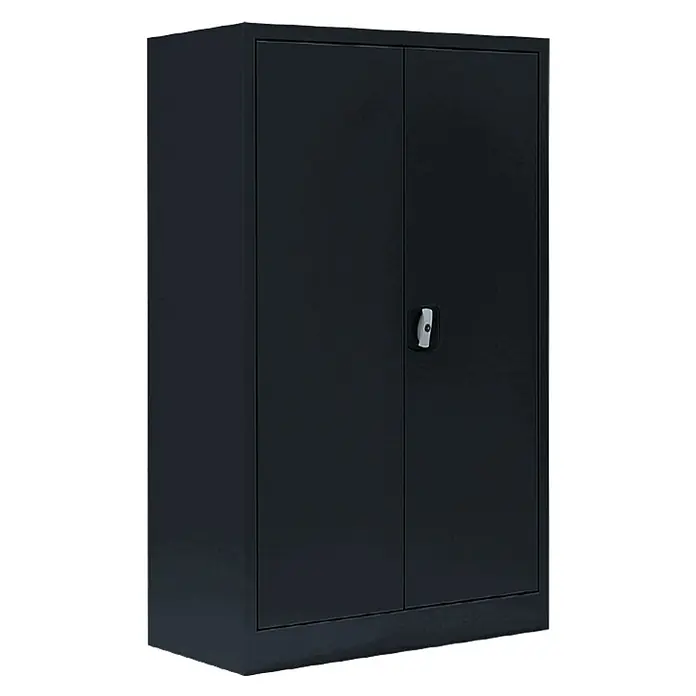 Lüllmann Metall-Mehrzweckschrank - H x B x T: 120 x 80 x 38,3 cm, Tiefschwarz, Fertig montiert, Anzahl Böden: 2 Stk. - Dunkelgrauer Aktenschrank mit zwei Türen und silbernem Griff für Büro oder Lagerung.