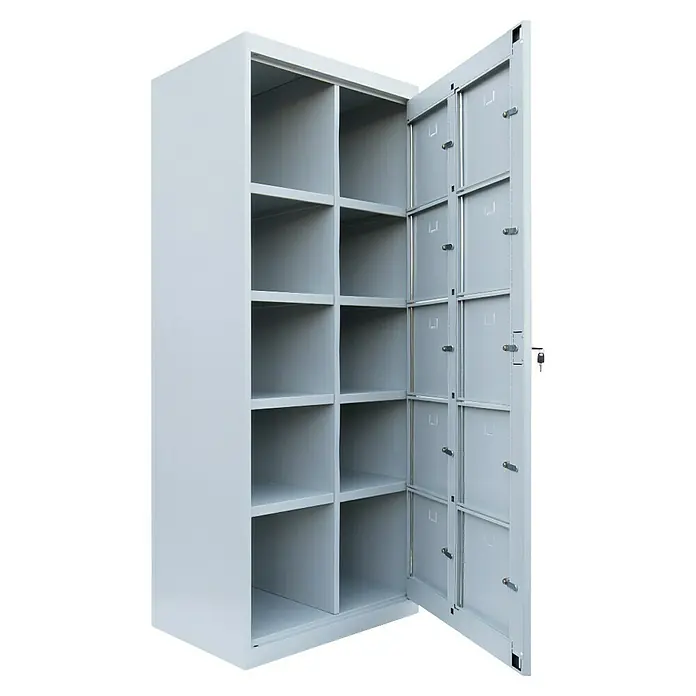 Lüllmann Fächerschrank - H x B x T: 180 x 74 x 50 cm, Lichtgrau, Fertig montiert, Anzahl Fächer: 10 Stk. - Das graue Metallschließfach mit mehreren Fächern und offenen Türen bietet viel Stauraum.