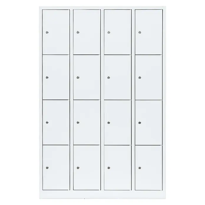 Lüllmann Schließfachschrank - H x B x T: 180 x 117 x 50 cm, Signalweiß, Fertig montiert, Anzahl Fächer: 16 Stk. - Aufnahme von 16 weißen Schließfächern mit Schließmechanismus in einem quadratischen Rasterformat.