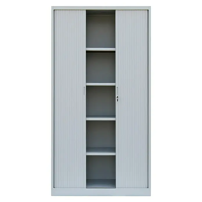 Lüllmann Rollladenschrank - H x B x T: 195 x 100 x 45,7 cm, Lichtgrau, Fertig montiert, Anzahl Böden: 4 Stk. - Grauer Büroschrank mit Rolltüren und mehreren Regalfächern zur Aufbewahrung von Akten und Büromaterial.