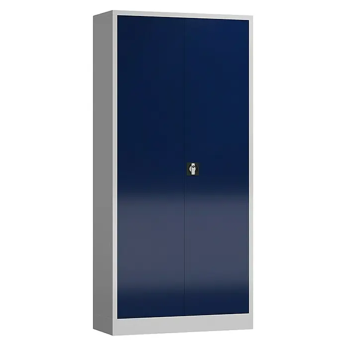 Lüllmann ClassiX Metall-Mehrzweckschrank - H x B x T: 194,5 x 92 x 42 cm, Lichtgrau/Enzianblau, Fertig montiert, Anzahl Böden: 4 Stk. - Ein blauer Metallschrank mit zwei Türen und einem silbernen Rahmen. Ideal für die Aufbewahrung im Büro oder zu Hause.
