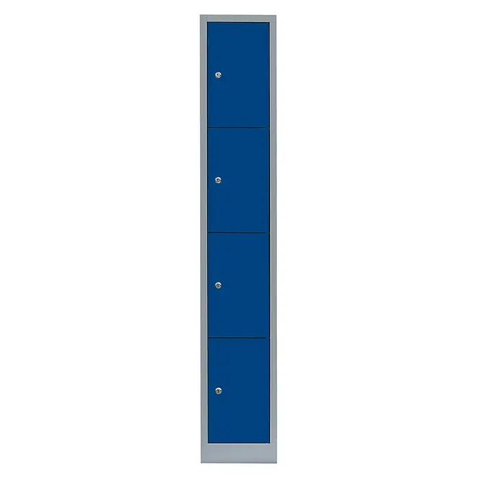 Lüllmann Schließfachschrank - H x B x T: 180 x 31,5 x 50 cm, Lichtgrau/Enzianblau, Fertig montiert, Anzahl Fächer: 4 Stk. - Blauer Spind mit vier Fächern und silberfarbenem Rahmen für sichere Aufbewahrung von persönlichen Gegenständen. Praktisch & robust.