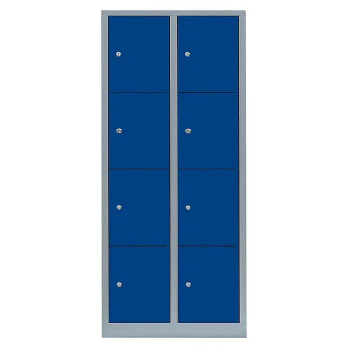 Lüllmann Schließfachschrank - H x B x T: 180 x 80 x 50 cm, Lichtgrau/Enzianblau, Fertig montiert, Anzahl Fächer: 8 Stk. - Schließfachschrank mit acht blauen Türen und silbergrauem Rahmen für sichere Aufbewahrung von persönlichen Gegenständen.