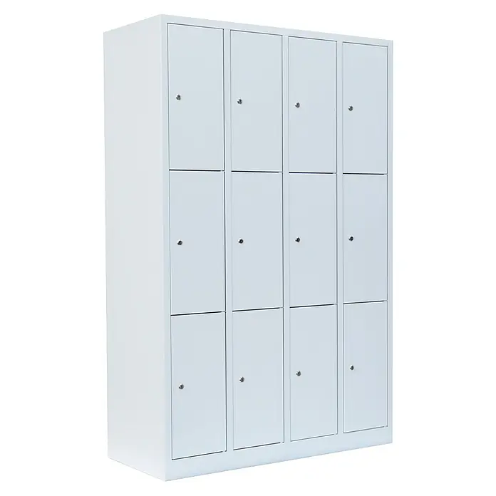 Lüllmann Schließfachschrank - H x B x T: 180 x 117 x 50 cm, Signalweiß, Fertig montiert, Anzahl Fächer: 12 Stk. - Abbildung eines weißen, mehrfach gestapelten Schranks mit abschließbaren Fächern, ideal für die sichere Aufbewahrung persönlicher Gegenstände.