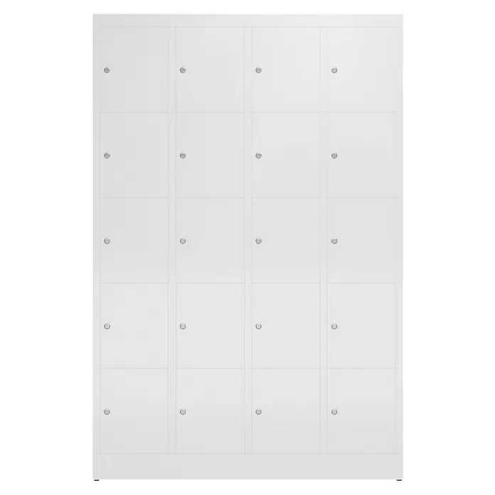 Lüllmann ClassiX Schließfachschrank - H x B x T: 180 x 118,5 x 50 cm, Signalweiß, Fertig montiert, Anzahl Fächer: 20 Stk. - Ein kompakter, weißer Garderobenschrank mit 20 Fächern, ideal zur Aufbewahrung von persönlichen Gegenständen in Büro oder Schule. Die Schrankfächer sind mit Schlössern versehen.