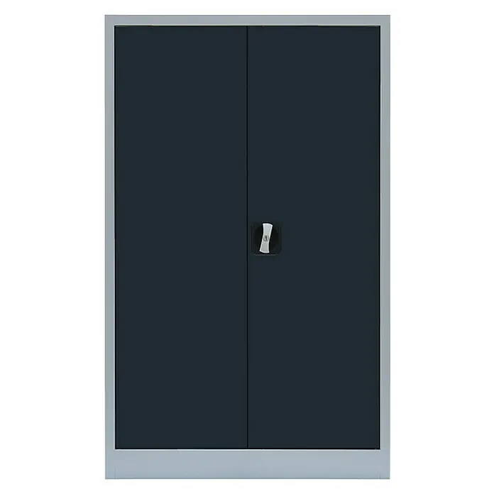 Lüllmann Metall-Mehrzweckschrank - H x B x T: 120 x 80 x 38,3 cm, Lichtgrau/Anthrazit, Fertig montiert, Anzahl Böden: 2 Stk. - Dunkelblaue Flügeltüren eines Schranks mit silberfarbenem Rahmen und Griff in der Mitte.