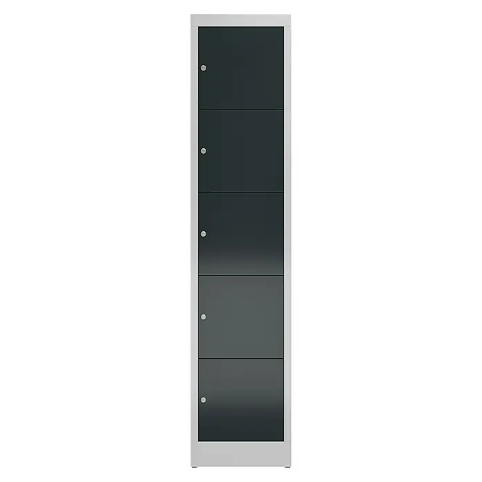 Lüllmann ClassiX Schließfachschrank - H x B x T: 180 x 41,5 x 50 cm, Lichtgrau/Anthrazit, Fertig montiert, Anzahl Fächer: 5 Stk. - Ein eleganter, grauer Garderobenschrank mit fünf abschließbaren Fächern und einem schlichten, modernen Design. Ideal für Büro und Umkleideräume.