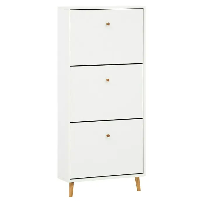 Schildmeyer Bjarne Schuhschrank - L x B x H: 19,5 x 59,8 x 131 cm, Weiß, Anzahl Fächer: 3 Stk. - Elegantes Schuhkippschrank in Weiß mit drei Fächern und Holzgriffen, ideal für die stilvolle Aufbewahrung von Schuhen.