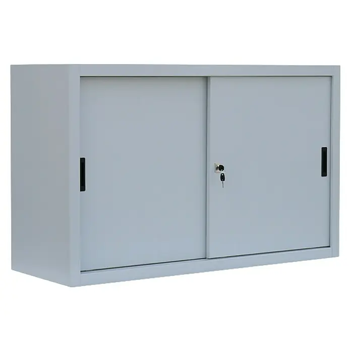 Lüllmann Schiebetür Schrank - H x B x T: 75 x 120 x 45 cm, Lichtgrau, Fertig montiert, Anzahl Böden: 1 Stk. - Grauer Aktenschrank mit Schiebetüren und Schloss zur sicheren Aufbewahrung von Dokumenten und Büromaterialien.