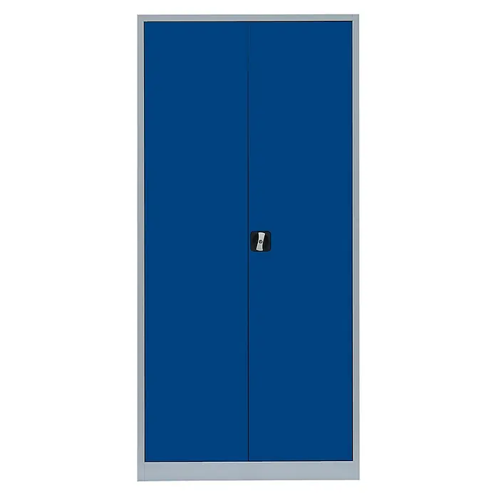 Lüllmann Metall-Mehrzweckschrank - H x B x T: 195 x 92,5 x 42,2 cm, Lichtgrau/Enzianblau, Fertig montiert, Anzahl Böden: 4 Stk. - Blauer Schrank mit zwei Türen und silbernem Rahmen. Praktischer Schrank für Büro oder Werkstatt, ideal zur Aufbewahrung von Gegenständen.