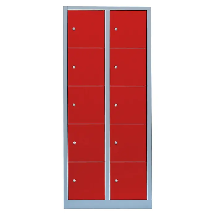 Lüllmann Schließfachschrank - H x B x T: 180 x 80 x 50 cm, Lichtgrau/Feuerrot, Fertig montiert, Anzahl Fächer: 10 Stk. - Schrank mit zehn roten Fächern und silbernen Schlössern zur sicheren Aufbewahrung von Gegenständen. Ideal für Schulen, Büros oder Sporteinrichtungen.